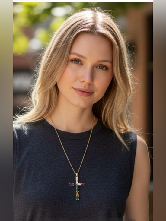 Jewelry - S Silver Cross color Pendant Necklace with Red and Green Stones